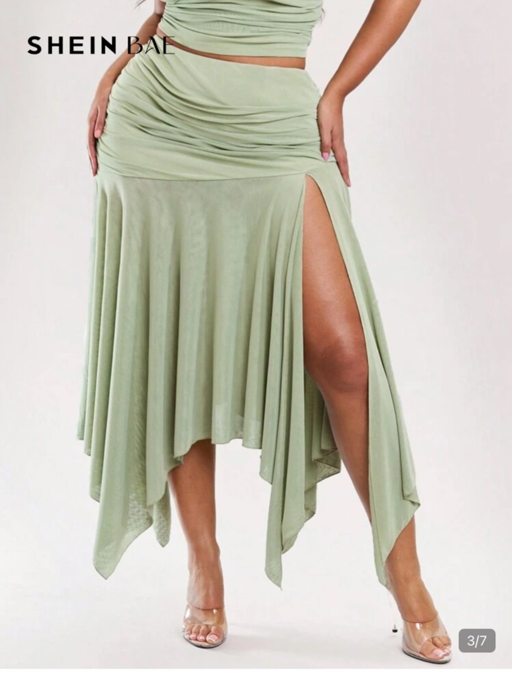 SHEIN Sage Green Asymmetrical High-Slit Midi Skirt